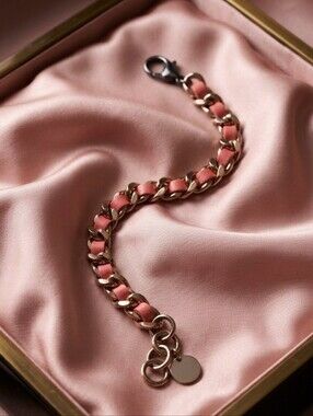 Stainless Steel Genuine Pink Leather Woven Chain Bracelet NEW